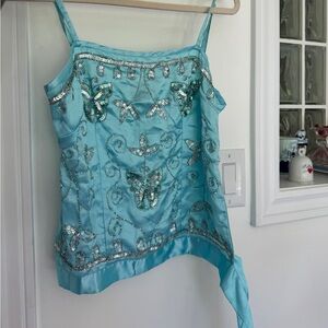 Silky blue embellished summer top!